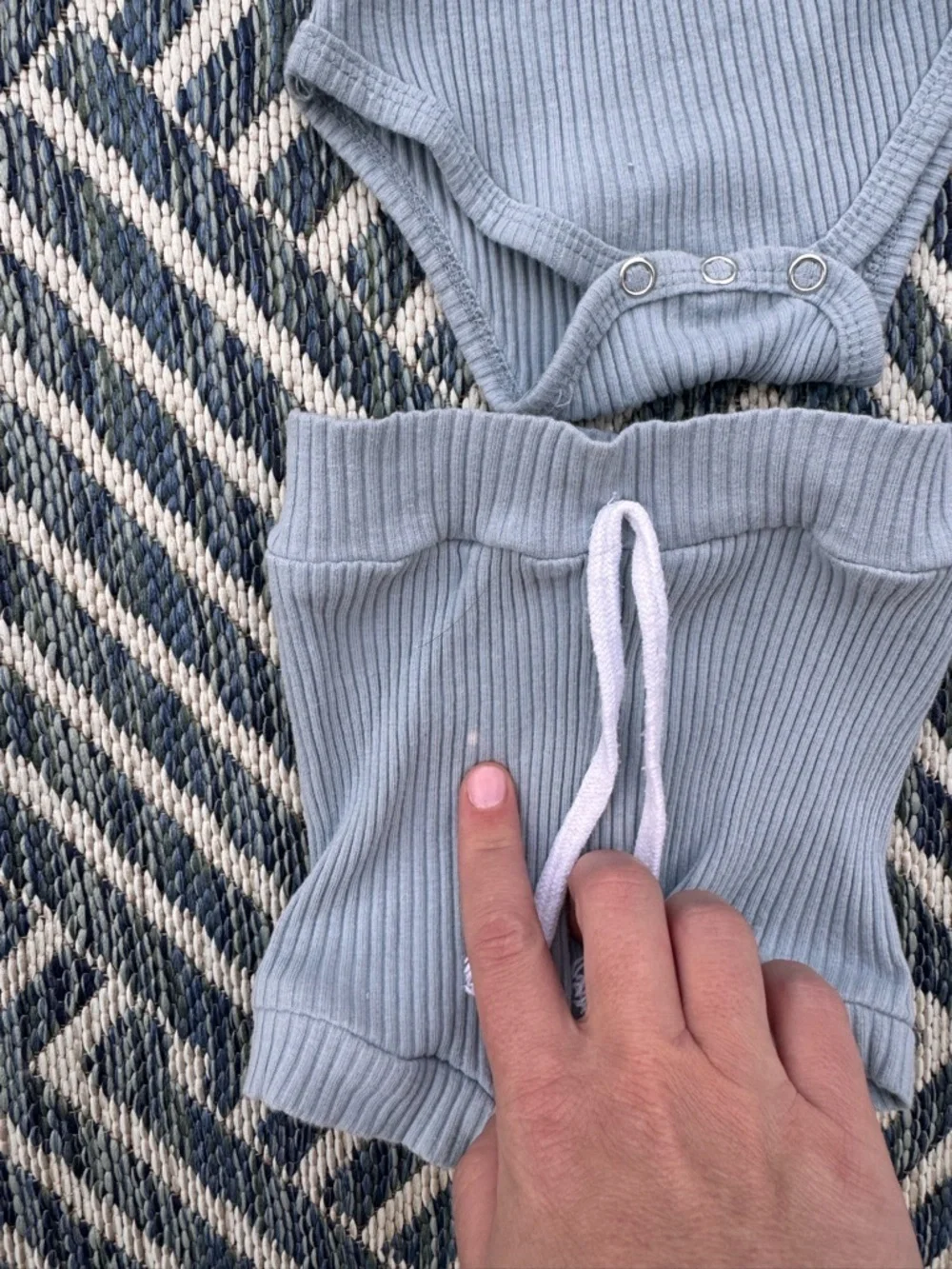 Neutral Ribbed Baby Two-Piece Sets - Light Blue & White